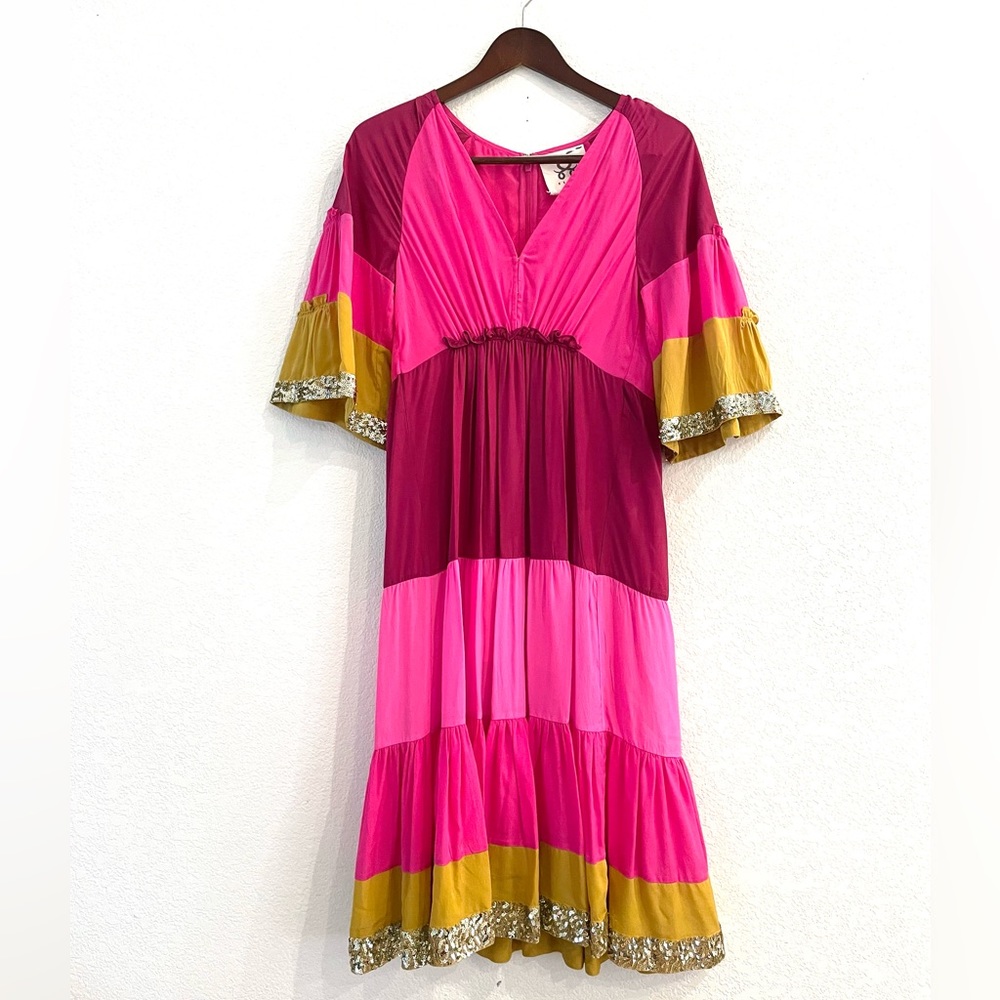 NWT Figue  Silk Crepe Colorblock Gold Sequin  Trim Midi Dress Bohemian Gypsy - Picture 9 of 16